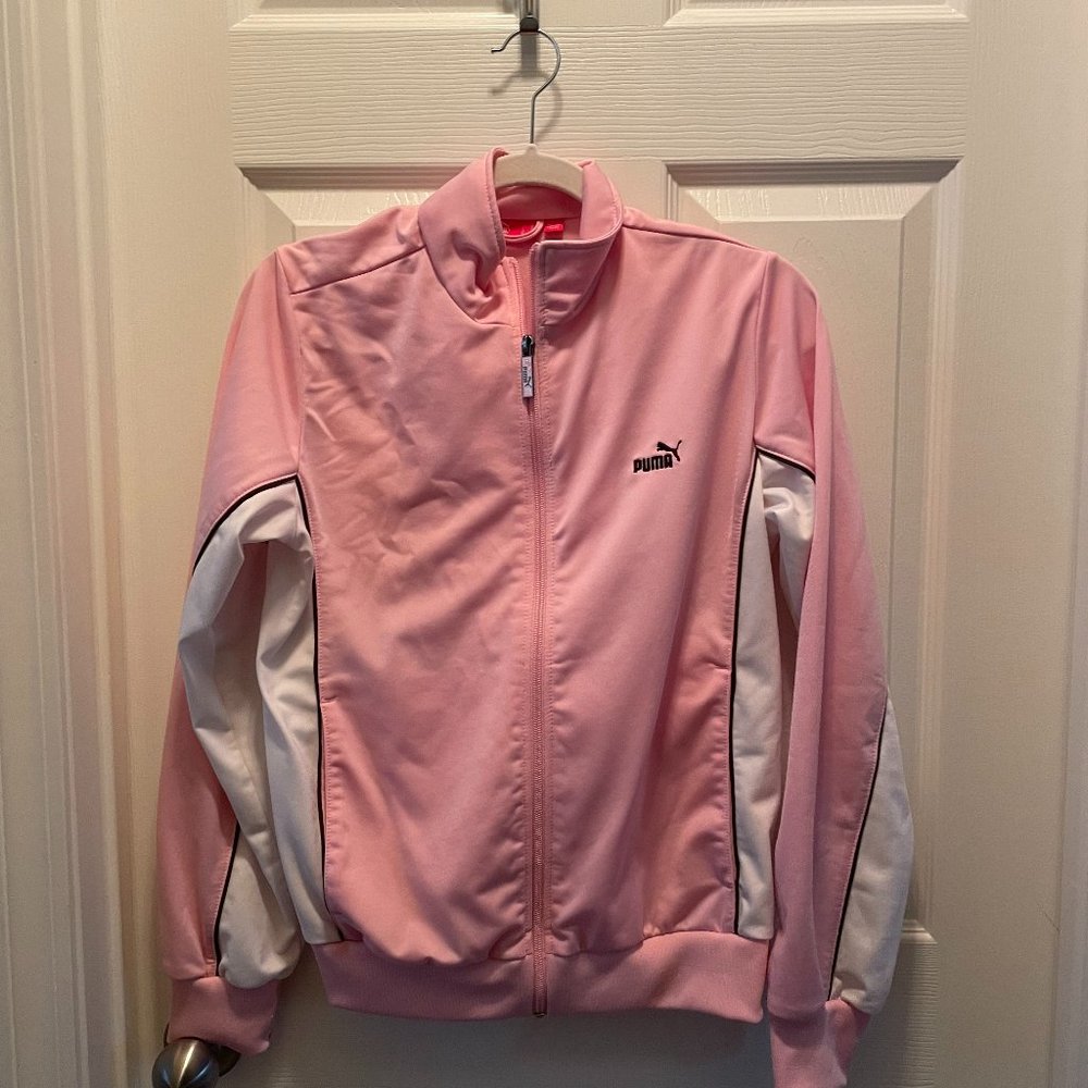 Ladies Puma Pink/White track suit size med top and large bottom